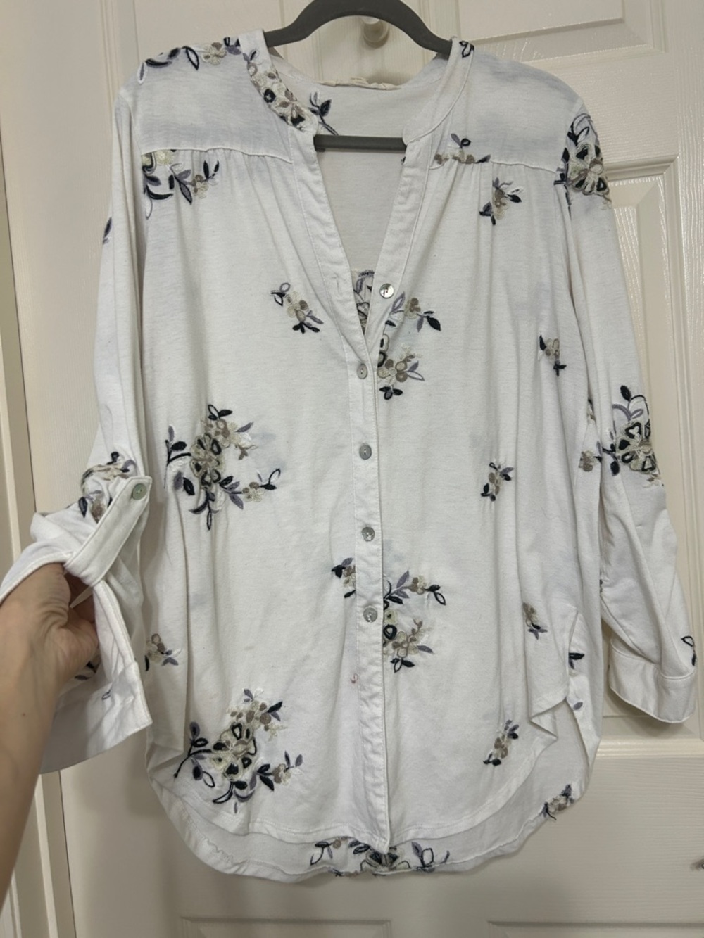 Hope Springs Embroidered Floral Button Front Shirt in Neutrals Abalone Buttons L